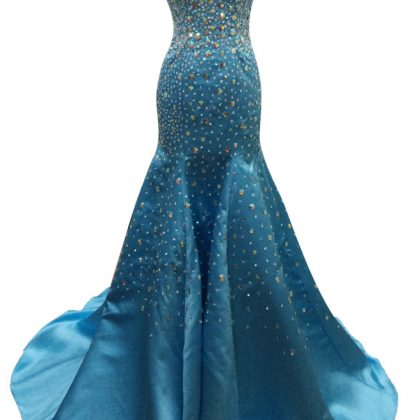 Long Mermaid Blue Satin Beaded Evening Dresses..