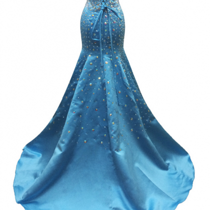 Long Mermaid Blue Satin Beaded Evening Dresses..
