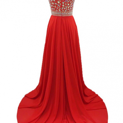 Long A-line Red Chiffon Beaded Evening Dresses..