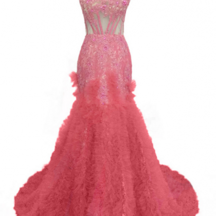 Long Pink Tulle Appliques Beaded Prom Dresses..