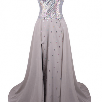 Gray Chiffon Crystals Beaded Prom Dress Luxury..