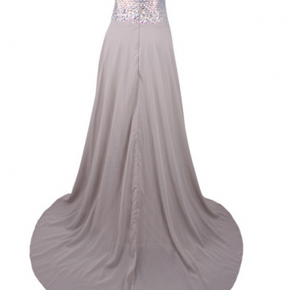 Gray Chiffon Crystals Beaded Prom Dress Luxury..