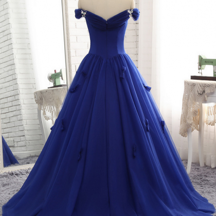 Royal Blue Prom Dress Luxury Tulle Beaded Bow Gown..