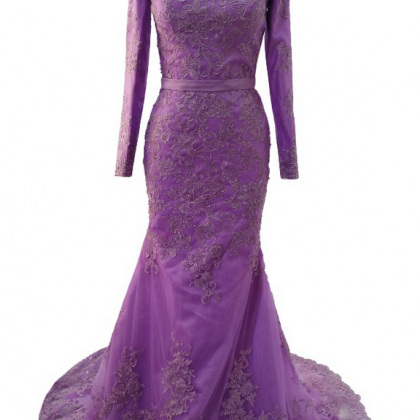 Purple Satin Tulle Appliques Prom Dresses Luxury..