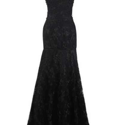 Black Lace Appliques Pearls Prom Dress Luxury A-line Back See Through ...