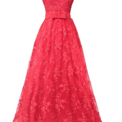 Red Lace Appliques A-line Prom Dresses Luxury Cap..