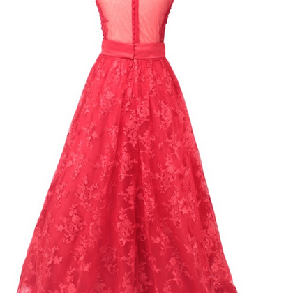 Red Lace Appliques A-line Prom Dresses Luxury Cap..