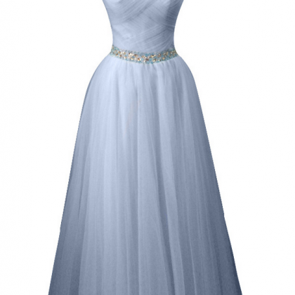 Long Light Blue Tulle Pleats Beaded Prom Dresses..