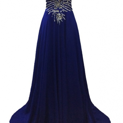 Royal Blue Chiffon Beaded Prom Dresses Elegant..