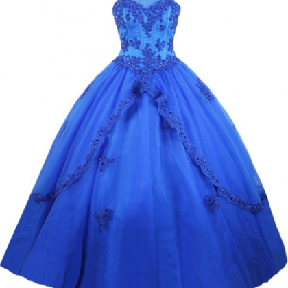 Royal Blue Tulle Appliques Beaded Prom Dress..