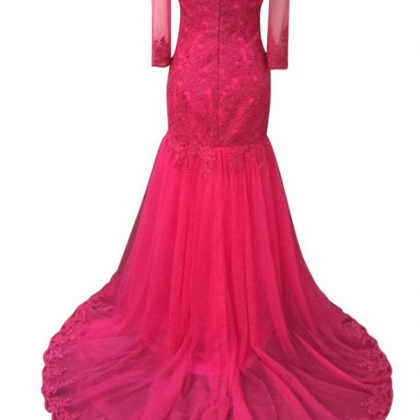 Rose Red Tulle Appliques Long Prom Dress Luxury..