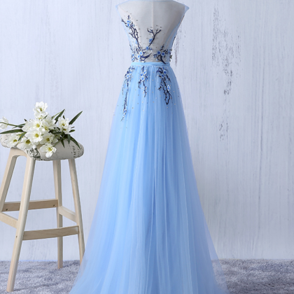 Sky Blue Flowers Crystal Evening Dresses Fashion..