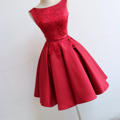 Red Round Neckline Short Satin Party Dresses, Red..