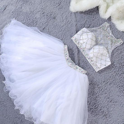 Slovely White Two Piece Beaded Tulle Prom Dresses,..