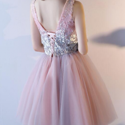Cute Sequins Tulle Short Party Dresses, V-neckline..