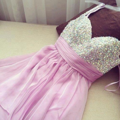 Sweet Lilac Mini Chiffon Prom Dress With Beadings,..