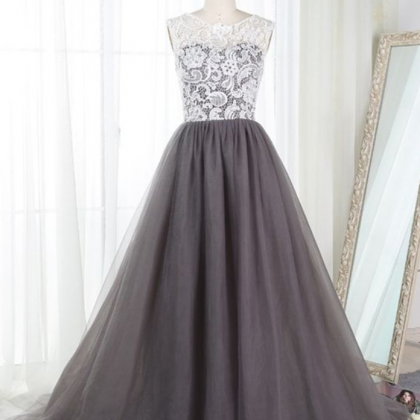 Grey Tulle And Lace Junior Prom Dresses, Ball..