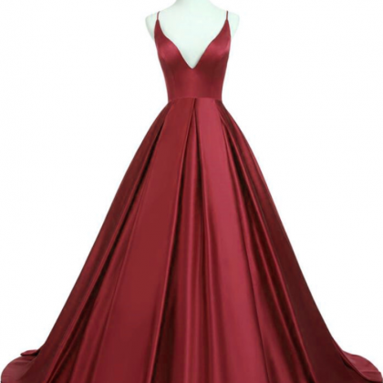 Satin Dark Red Long V-neck Open Back Prom Dress,..