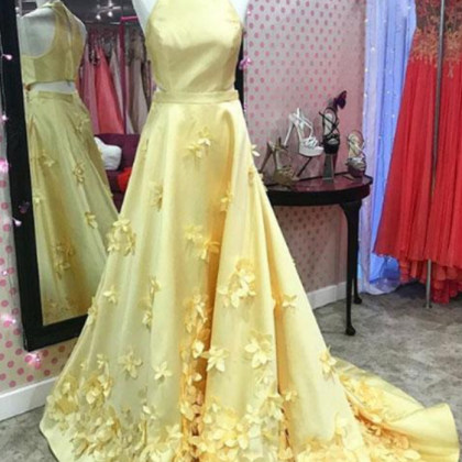 Unique Yellow Satin Long Prom Dress, Yellow..