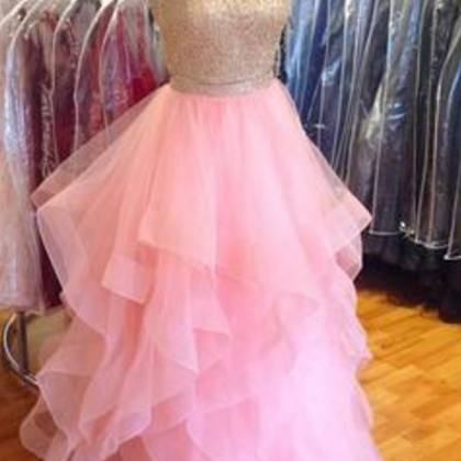 Gold Beaded Top Prom Dress, Ruffles Pink Organza..