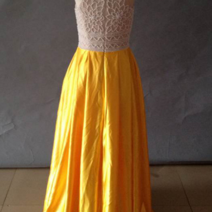 Stylish High Neck Pearls Long Prom Dress ,yellow..