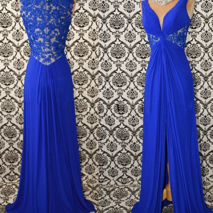 Elegant Prom Dress,royal Blue Lace Chiffon Evening..
