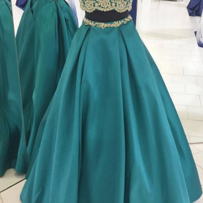 Two Pieces Off Shoulder Green Long Prom Dress,
