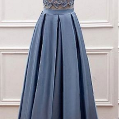 Two Pieces High Neck Lace Top Long Prom Dress