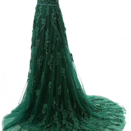 Forest Green Lace Appliqués Tulle Floor Length..