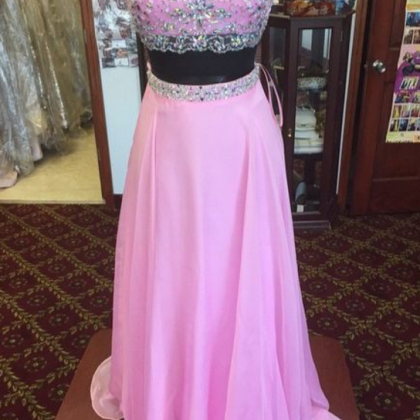 A Line Two Piece Scoop Pearl Pink Chiffon Beadings Prom Dress LBQ2871 main image 1