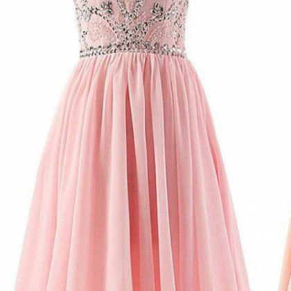 Blush Pink Beaded Chiffon Cute Graduation Dresses,..