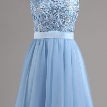 Light Blue Lace Appliques Homecoming Dress With..