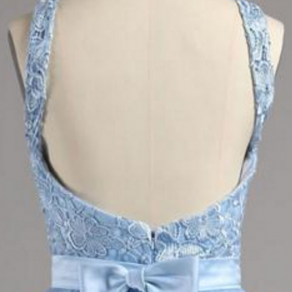 Light Blue Lace Appliques Homecoming Dress With..