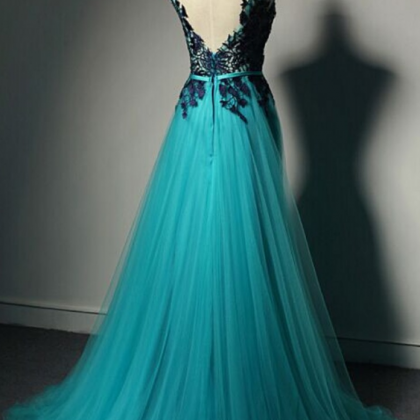 Real Custom Appliques Prom Dress Evening Gowns Tulle Floor Length Prom ...