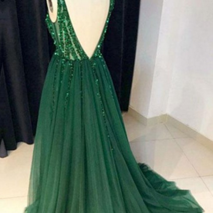 Emerald Green Prom Dresses Long Sexy Open Back..