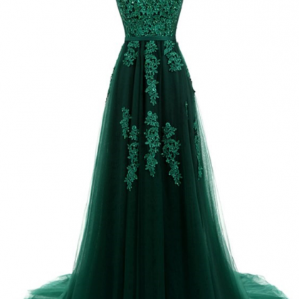 Hunter Green Lace Applique Tulle Prom Dresses..