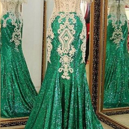 Cap Sleeve Sparkly Green Prom Dresses With White..