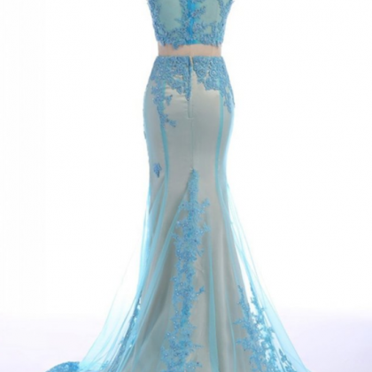 Ice Blue Organza Lace Applique Two Pieces Mermaid Train Evening Dress ...