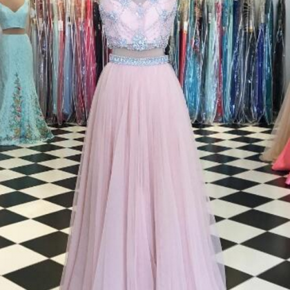 Pink Prom Dress, 2 Piece Prom Dress, Beaded Prom..