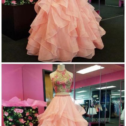 Two Piece Round Neck Asymmetry Pink Tulle Prom..