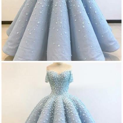 Off The Shoulder Ball Gown Light Blue Prom Dress..