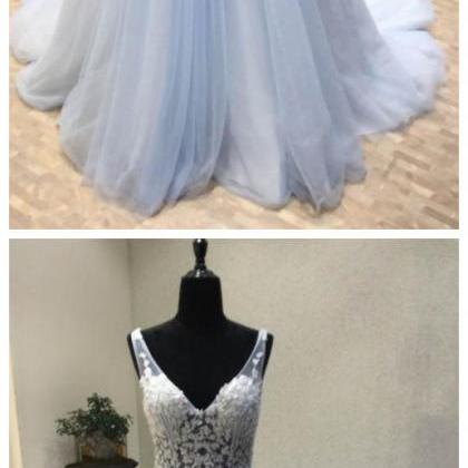 V Neck Applique Tulle Inexpensive Long Prom..