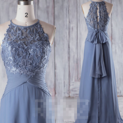 Steel Blue Chiffon Boho Bridesmaid Dress,..