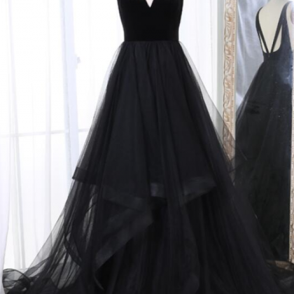 Simple Black Tulle V Neck Long Prom Dress, Black..