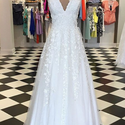 White V Neck Lace Tulle Long Prom Dress, White..