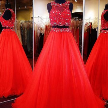 Custom Madetwo Pieces Prom Dress,red Beading..