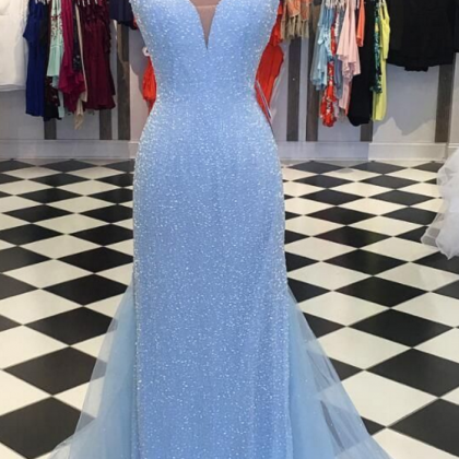 Sparkly Sequins Blue Mermaid Long Prom Dress