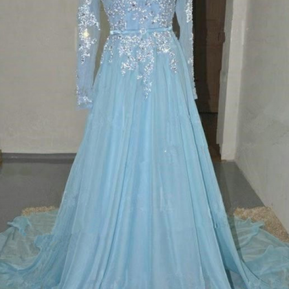 Pretty Light Blue Chiffon Long Prom Dress With..