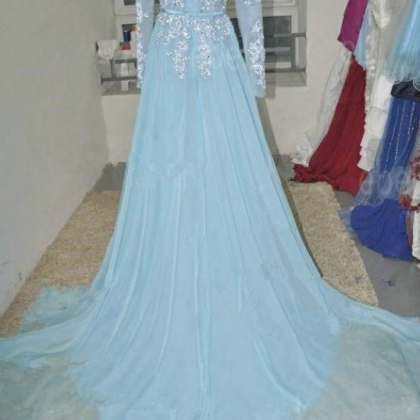 Pretty Light Blue Chiffon Long Prom Dress With..