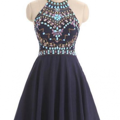 Dark Blue Beads Short Prom Dress, Cute Dark Blue..